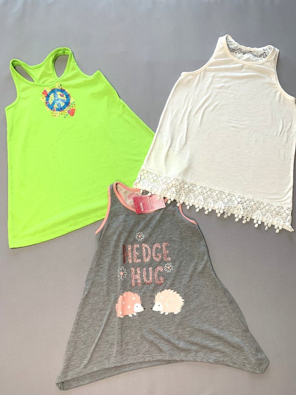 3 Piece Girls Long Tank Top Bundle. Green/White/Gray Size 10/12 Lightweight